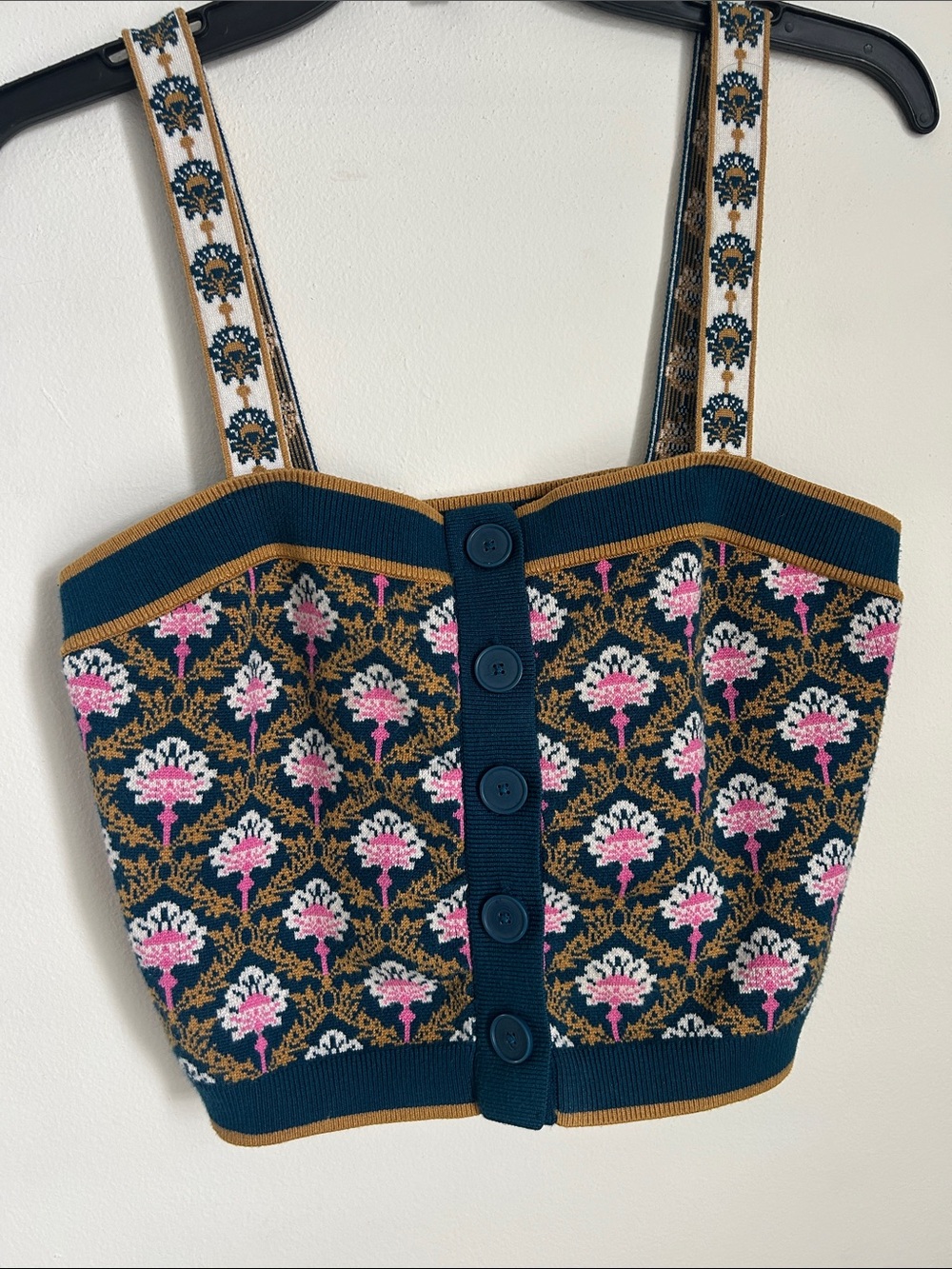 Anthropologie Floral Jacquard Knit Crop Top in Teal, Pink, and Gold Trim